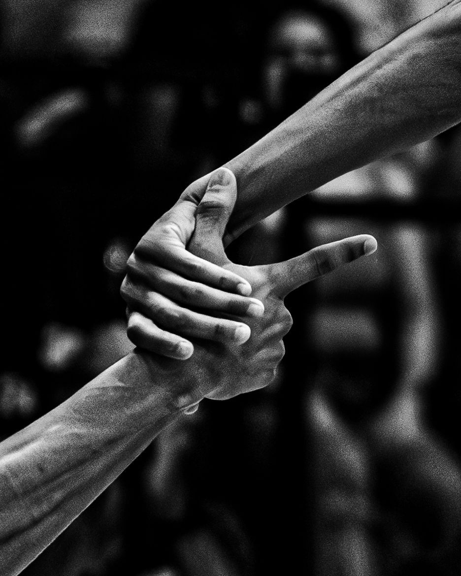 Two hands clasped in a handshake, black and white