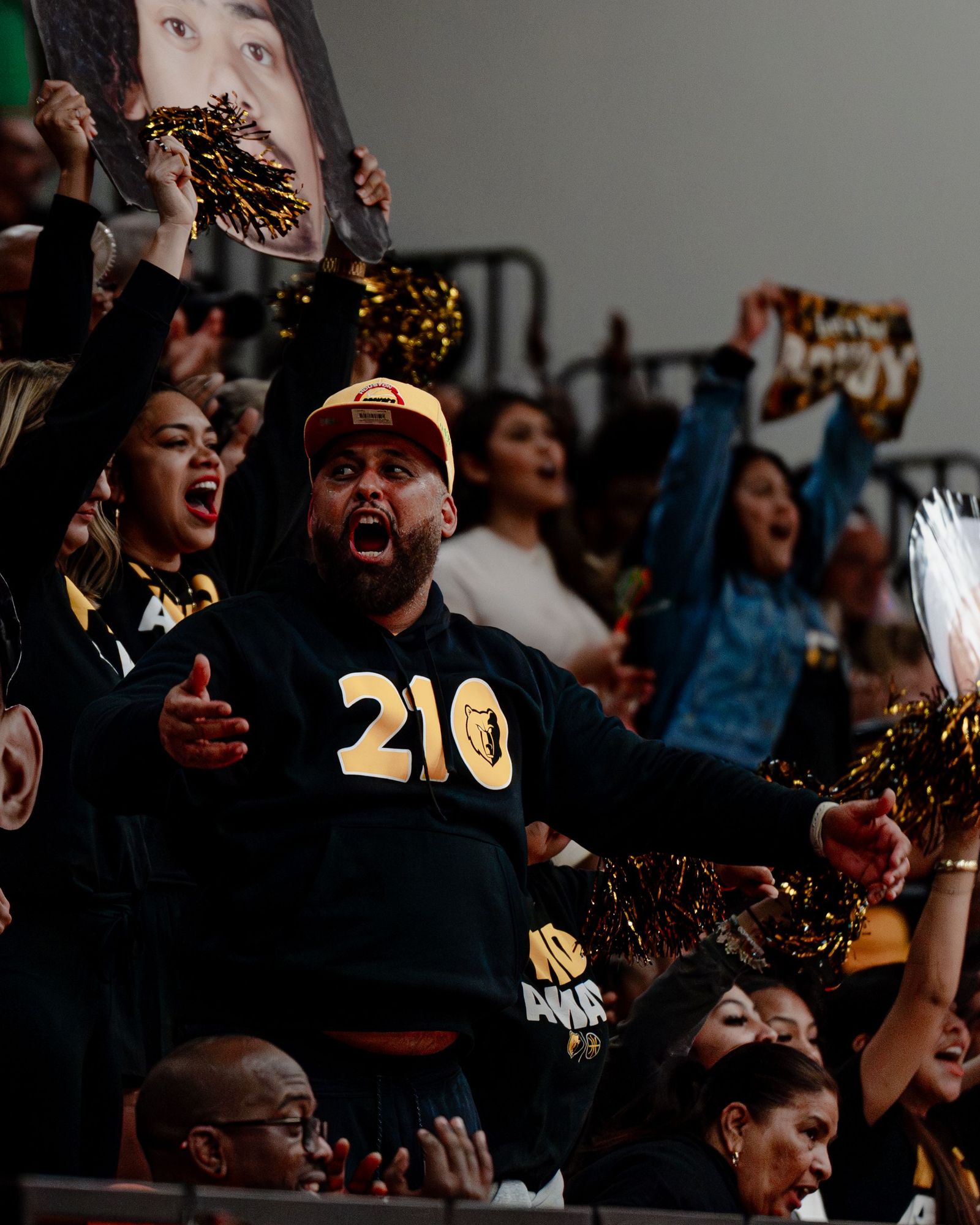 Fans in gold and black screaming from the stands