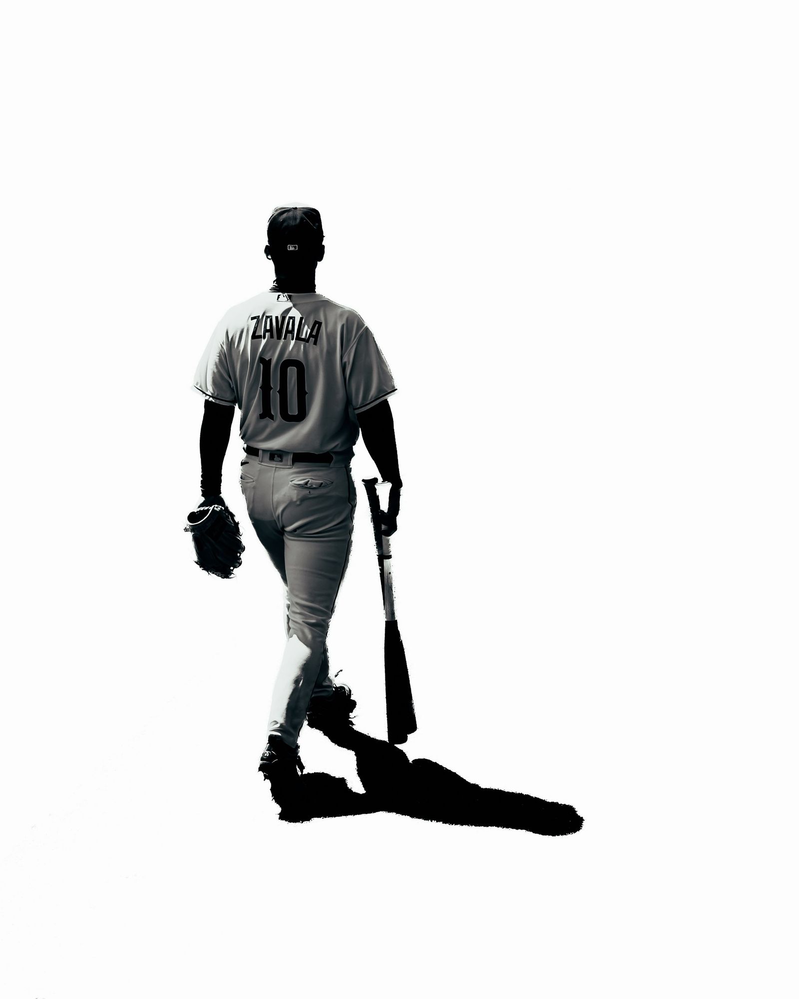 Silhouette of a batter walking with a bat on white
