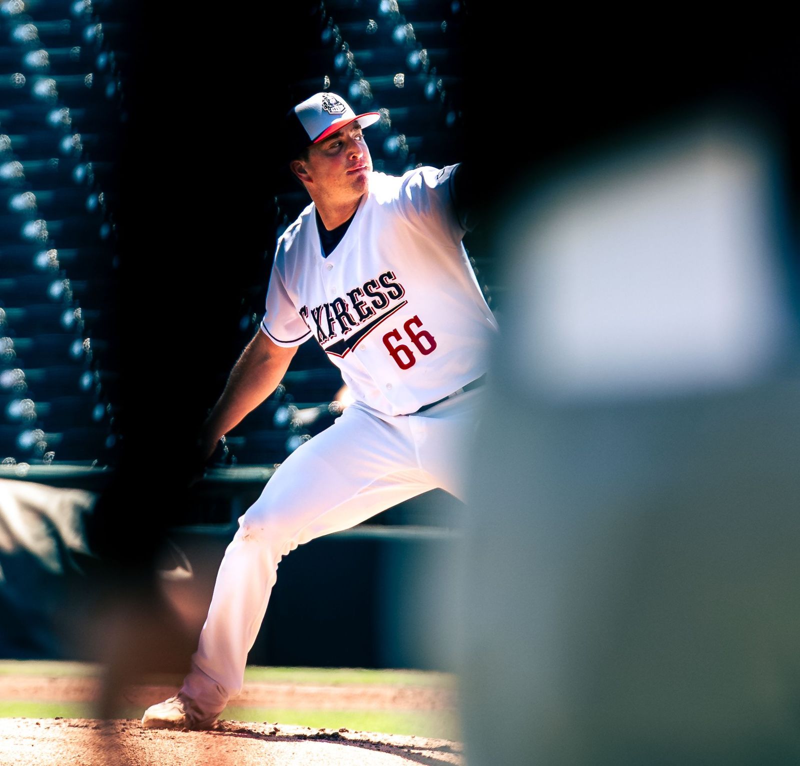 Round Rock Express pitcher number 66 in his windup