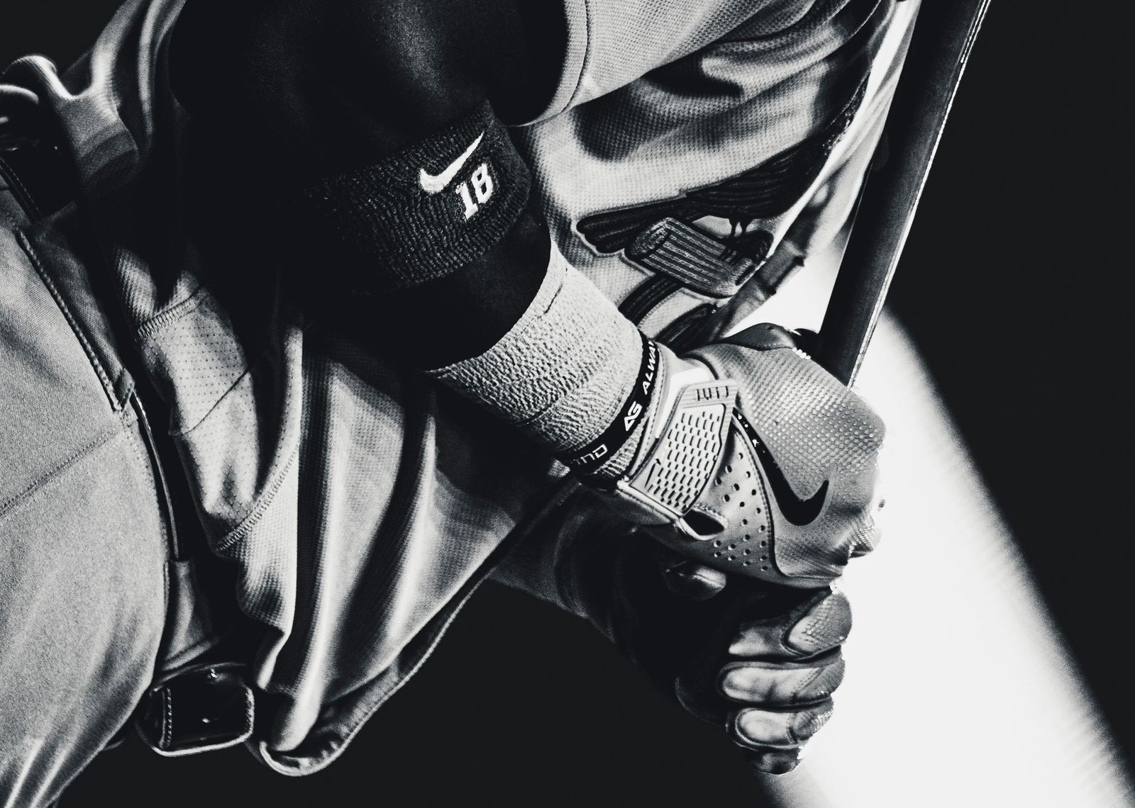 Batting glove gripping a bat, black and white