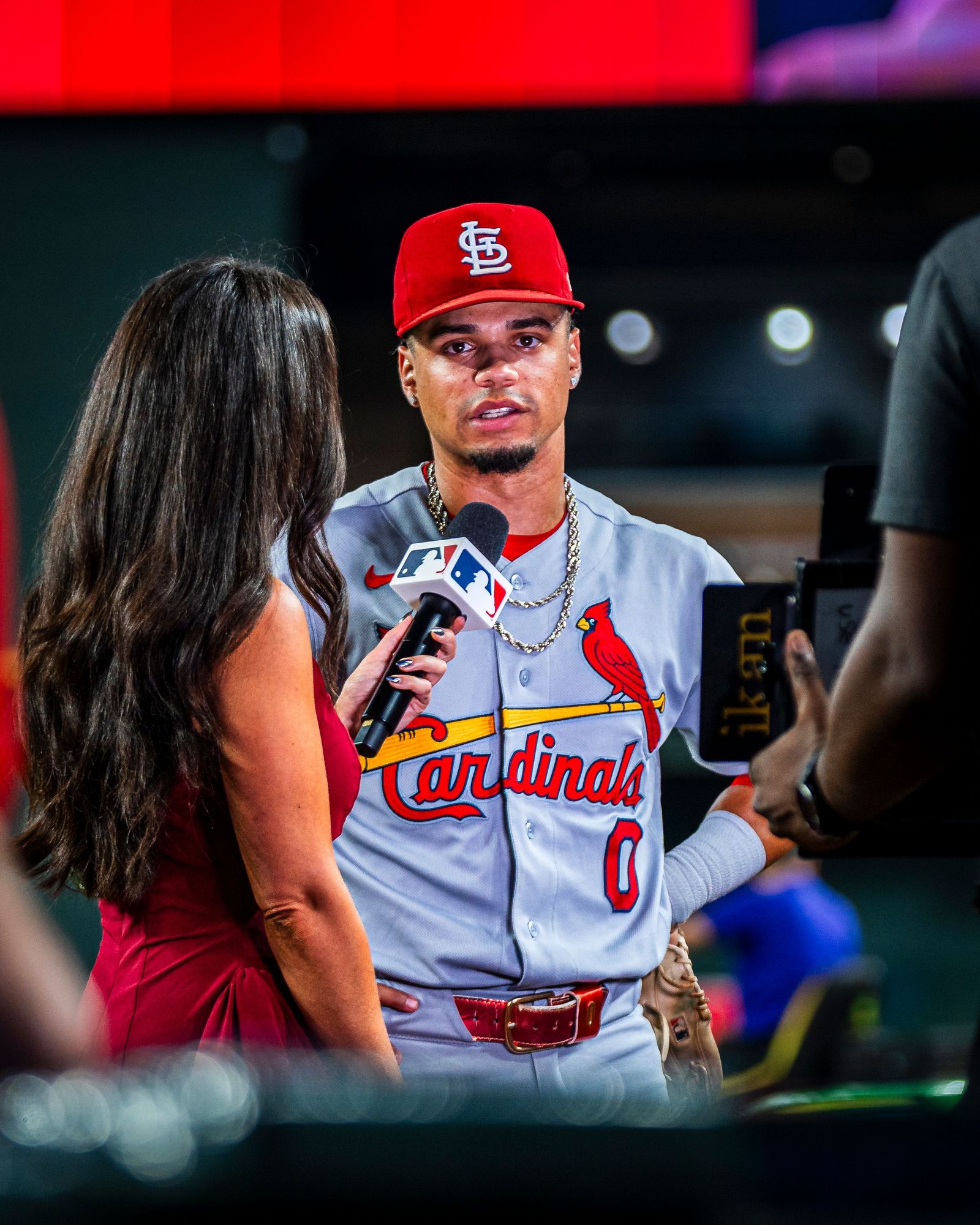 Cardinals player being interviewed on camera