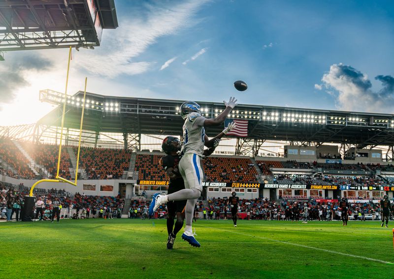 Receiver tracking a deep ball at sunset in front of a full stadium