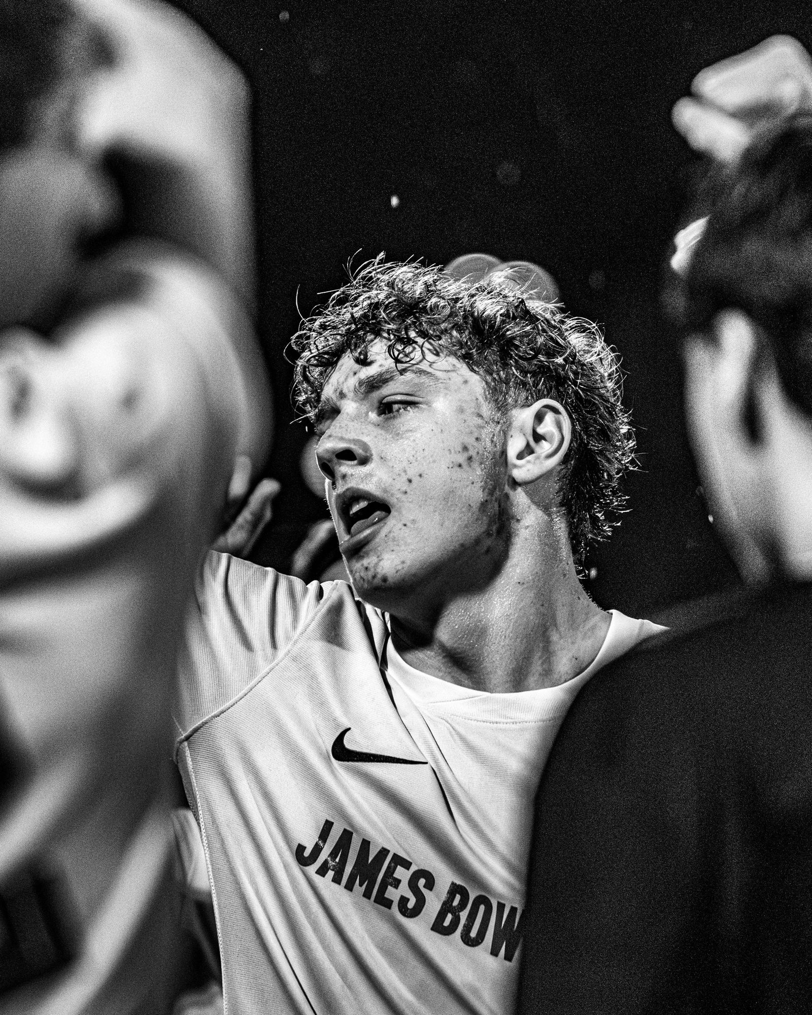James Bowie player looking up, black and white