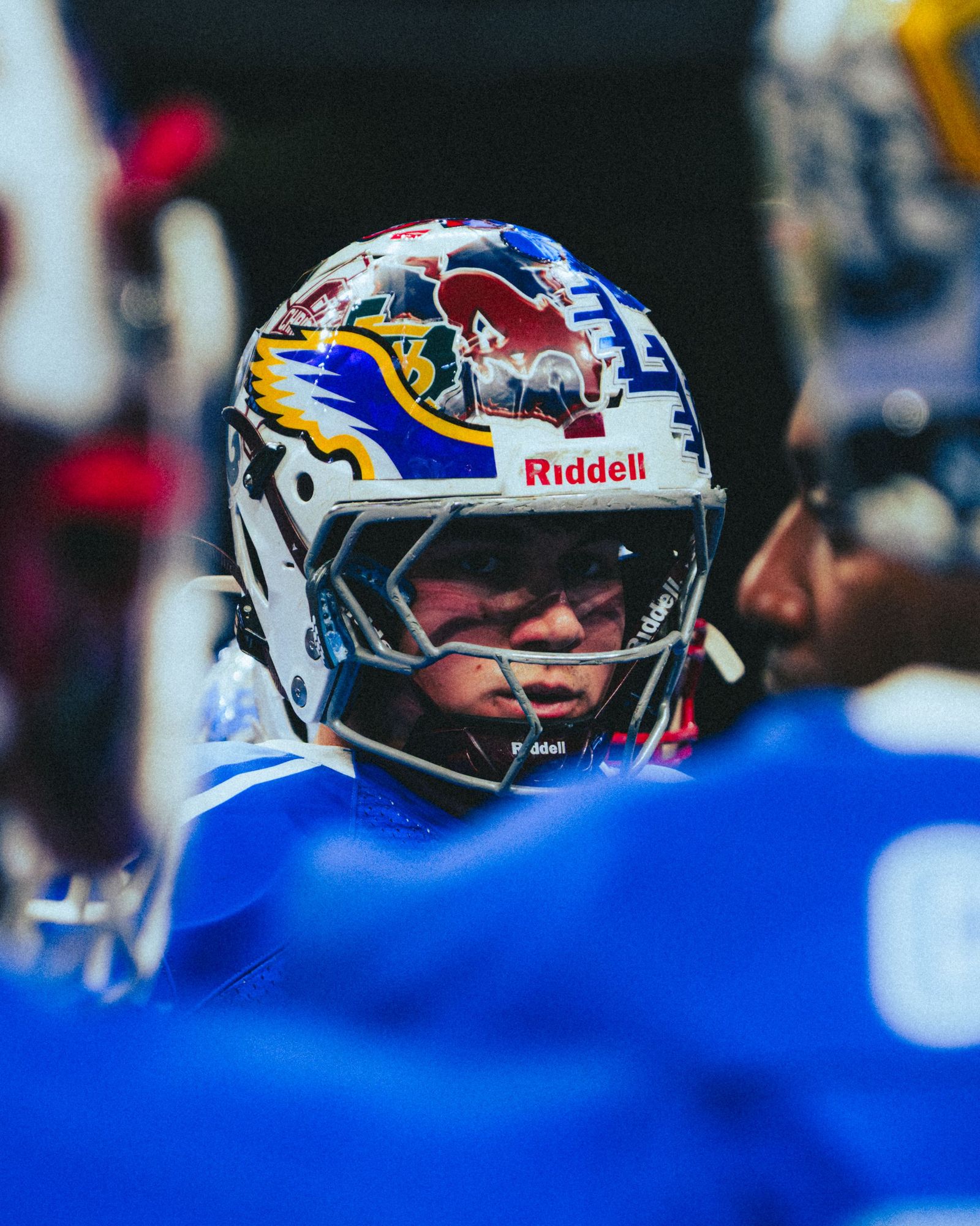 Close-up of a helmet with a Riddell logo