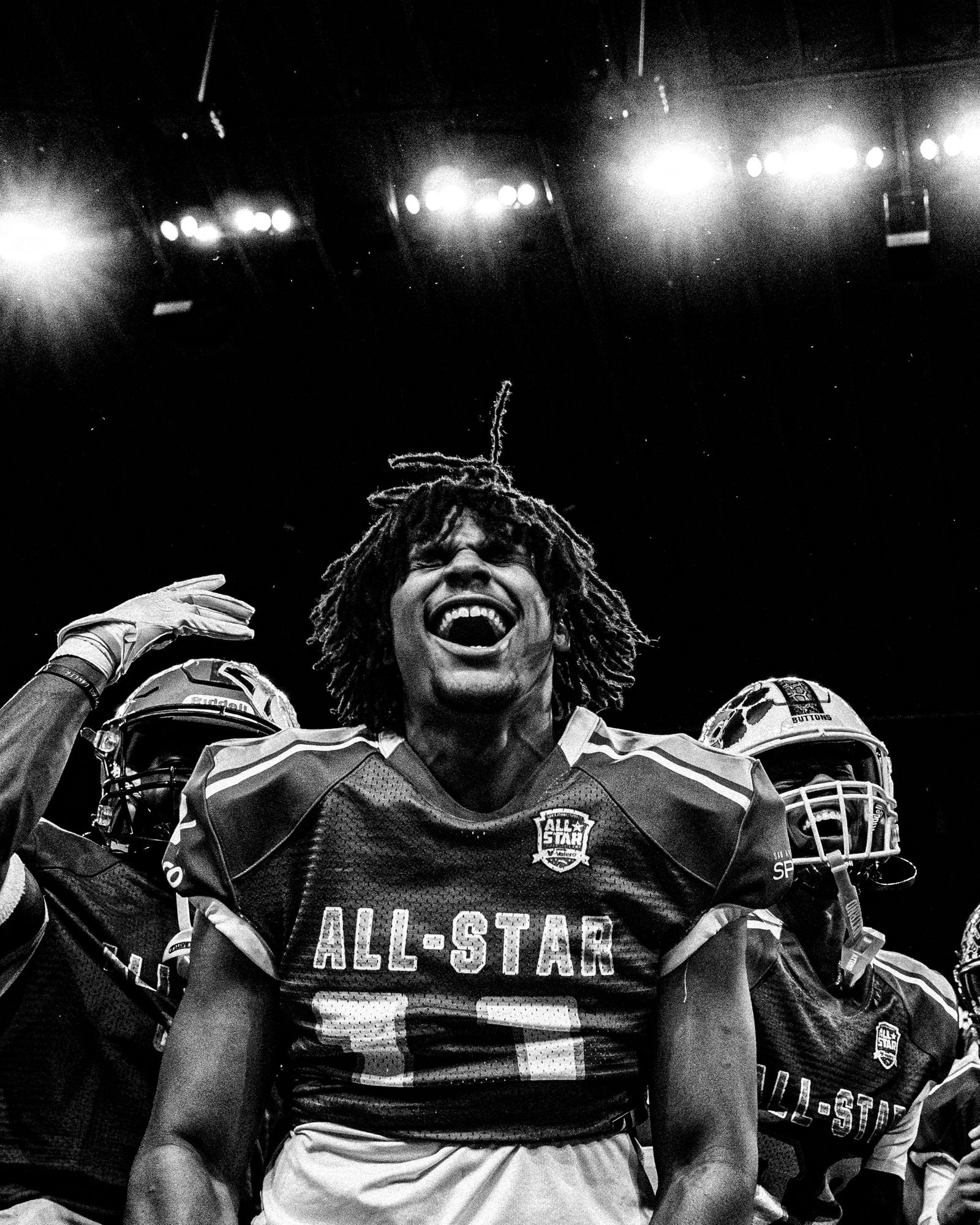 All-star player screaming in celebration, black and white